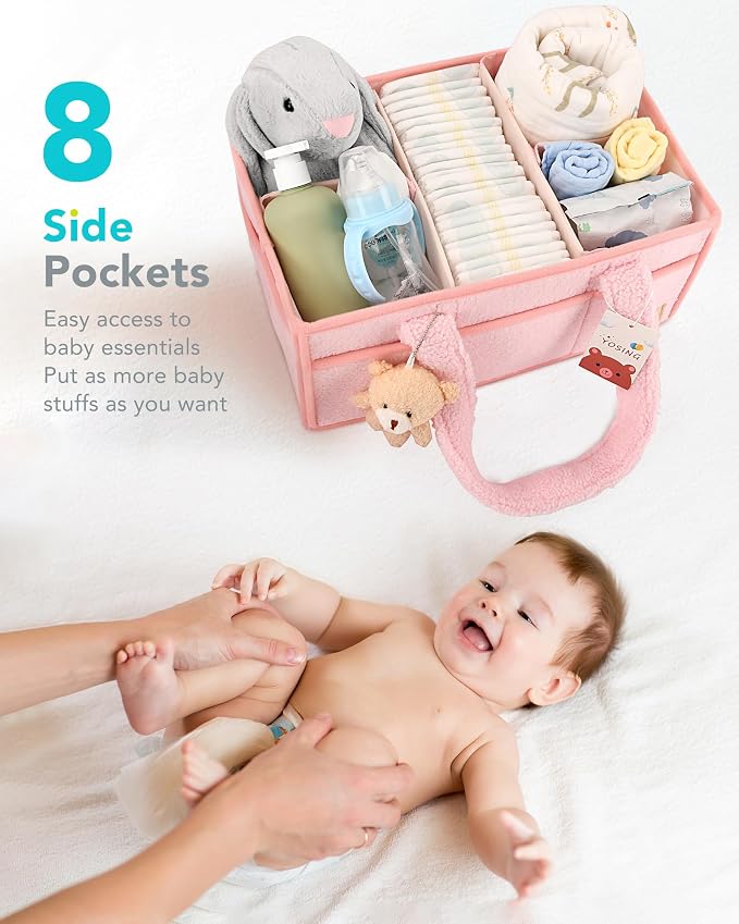 YOSING Cute and Playful Pink Diaper Caddy Organizer, 13 Compartments, Adjustable, Baby Diaper Caddy for Car, Changing Table, Nursery Storage, Car Organizer for Diapers and Baby Wipes