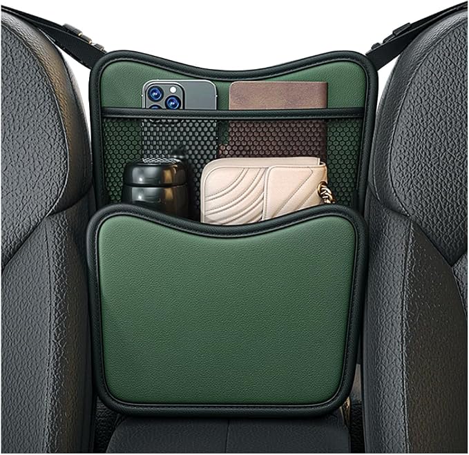 Car Organizer Storage Between Seats, Leather Car Console Hanging Storage Organizer with Mesh Pocket Tissue Box, Multi-Functional Large Capacity Headrest Holder Bag for Purse Snack (Green)