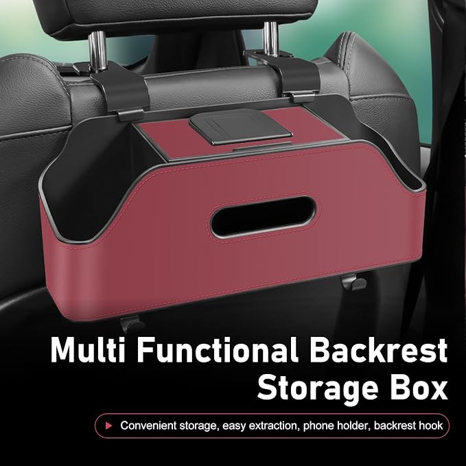 Car Back Seat Organizer, Leather Snap-on Seatback Storage Pocket, Multi-functional Storage Box for Phone Holder Tissues Cup Bracket Hanging Bag, Universal for Most Vehicles (Red)