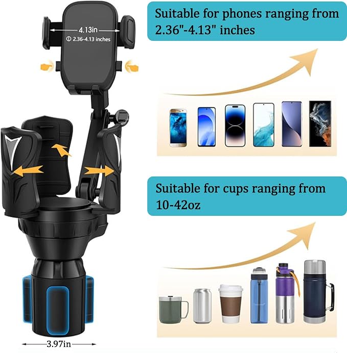 3-in-1 Car Cup Holder Expander with Adjustable Phone Mount – Universal Spill-Proof Bottle Holder & 360° Rotating Phone Stand for Large Drinks and Smartphones up to 4.1 Inches