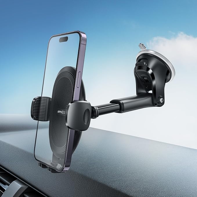 APPS2Car Suction Cup Phone Holder Windshield/Dashboard/Window, Suction Cup Car Phone Mount with Strong Sticky Gel Pad, Compatible with iPhone, Samsung & All Cellphones, Matte Black