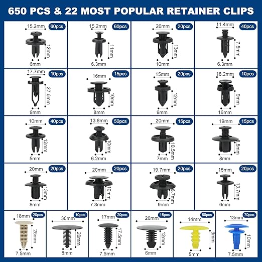 650pcs Push-Type Retainer Clips, Bumper Fender Nylon Rivets of 22 Most Popular Sizes and 5 Fastener Removers for Most Models