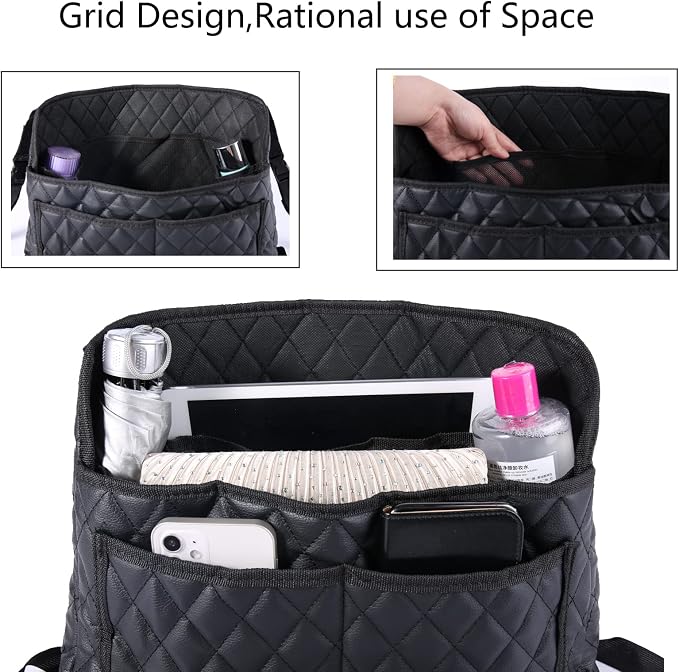 Modern Minimalist Car Seat Storage Bag - Black Faux Leather Caddy - Automotive Seat Back Organizer - 2 Compartments - Rectangular - Durable - Seat-back mounted - 15.35 x 3.94 x 10.63 inches