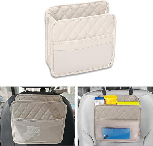 Car Seat Organizer Backseat with Storage Pockets, PU Leather Vehicle Backseat Hanging Storage Pocket, Multipurpose Automotive Travel Essentials Accessories, Universal for Most Cars (Beige)