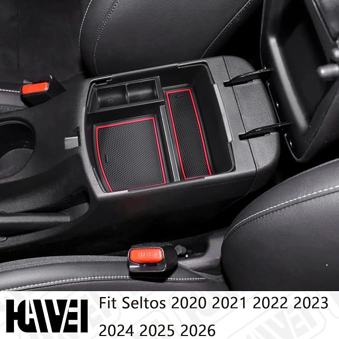 HGWEI Center Console Tray Organizer Compatible with Kia Seltos 2020 2021 2022 2023 2024 2025 2026 Accessories, Middle Armrest Insert Container ABS Secondary Storage Box, Red