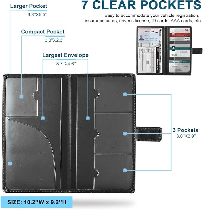 GNEGNI Car Registration and Insurance Holder, Premium PU Leather, 7-Pocket Vehicle Glove Box Car Organizer with Magnetic Closure for Driver License, Cards, 5.12" x 9.25