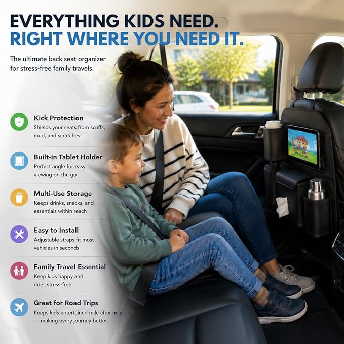 XDV Car Seat Organizers,Multi-functional Back Seat Protectors, Storage Pouches Kick Mats,Child kicking prevention and Tray Holders Tissue Box(for Cars, Kids, Seat Back and Rear Seats) (1, Black)