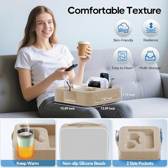 Couch Cup Holder Pillow, Sofa and Bed Organizer Caddy for iPad, Kindle, Switch, Game Controller, Remotes, Phones, Small-Sized Cup & Drink Holder for Couch, Bed, Desk, Car, Beach, Desk, Khaki