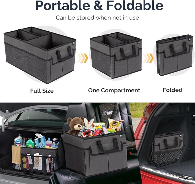 MIU COLOR Car Trunk Organizer, Foldable Car Organizer, 12 Pockets with Non-Slip Bottom, Collapsible 2 Compartments Car Storage Organizer for Grocery/Suv/Jeep/Sedan/Van, Dark Gray