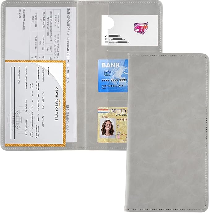UYYE Auto Car Registration and Insurance Documents Holder - PU Leather Vehicle Glove Box Documents Organizer Wallet, Car Interior Accessories Case Holder for Essential Automobile Documents（Grey）