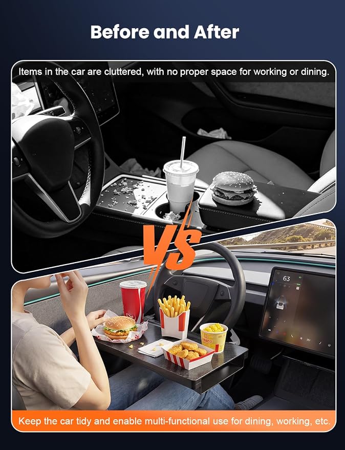 2-in-1 Car Steering Wheel Desk & Table Tray, Seat Gap Filler Organizer - Detachable Two-Piece Slide-Together Laptop & Eating Tray, Adjustable Supports & Hooks, Fits Most 3-Spoke Round Wheels