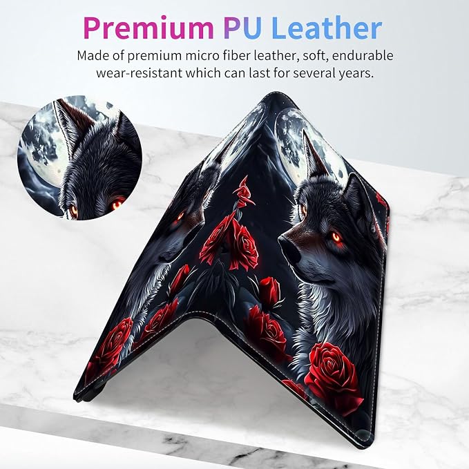 Car Registration and Insurance Holder,Leather Insurance License and Registration Card Holder for Car Glove Box, Auto Truck Document Holder Organizer for Men Women-Wolf with Moon Red Rose