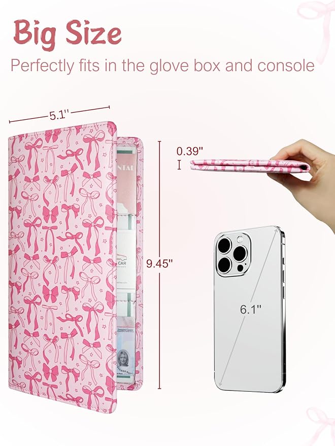 Mymazn Car Registration and Insurance Holder, PU Leather Glove Box Car Organizer with Magnetic Closure, Car Document Holder for Driver's License & Essential Documents (Pink)