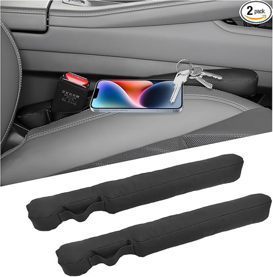 2 PCS Leather Car Seat Gap Filler, No-Drop Seat Guard Crevice Plug Blocker with Securing Strap, Universal Vehicle Gap Catcher Stop Things from Dropping, Car Accessories (Black)