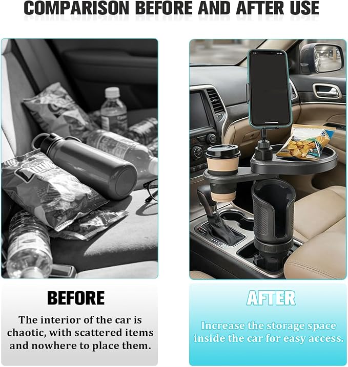 Car Cup Holder Tray, 3 in 1 Multifunctional Vehicle Food Water Bottle Phone Holder Expander Adapter with Adjustable Base, Detachable Auto Interior Food Tray Table, Universal Fit (Black)
