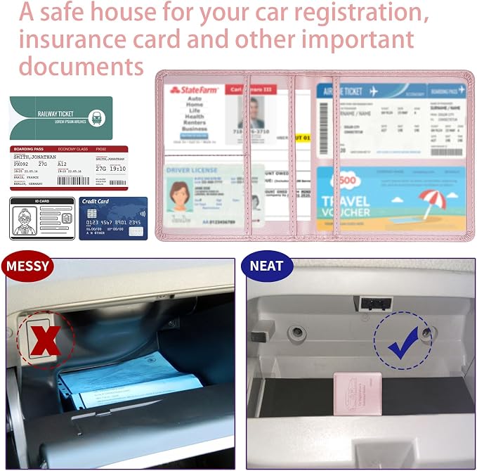 Car Registration and Insurance Holder, 5.5 x 5 Inch PU Leather Vehicle Glove Box Organizer Wallet Case Organizer for Insurance Card, Driver License, Essential Document, Paperwork