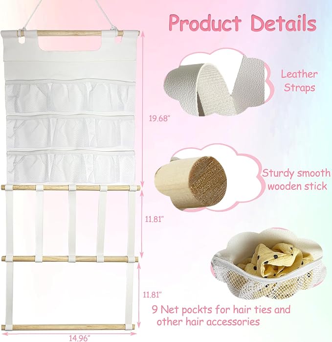 Headband Holder Organizer, Hair Accessories Storage with 9 Net Pockets, Wall Hanging Hair Clips Hair Band Organizer for Girls Room