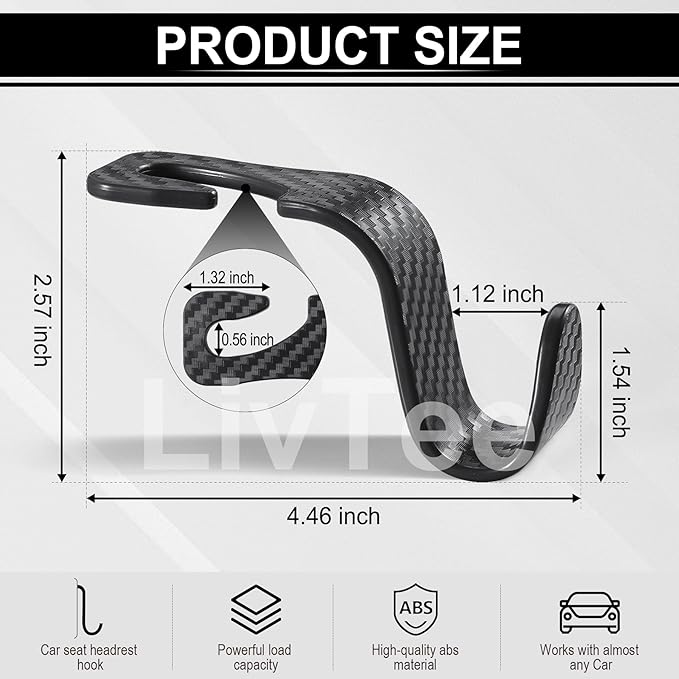 LivTee Car Purse Hook, 4 Pack Universal Auto Seat Headrest Hook Hangers Organizer for Coats, Umbrellas, Groceries - Carbon Fiber Black | Universal