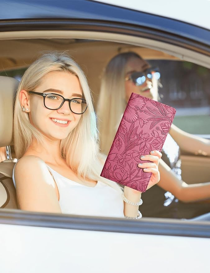 Mymazn Car Registration and Insurance Holder, PU Leather Glove Box Car Organizer with Magnetic Closure, Car Document Holder for Driver's License & Essential Documents (Floral Red)