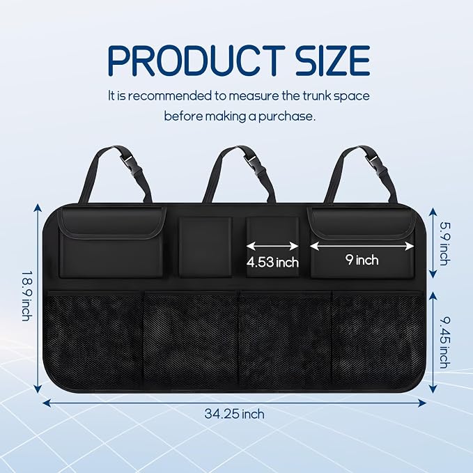 Car Trunk Organizer, Space Saving Backseat Hanging Storage with 4 Large Pockets, Super Capacity Vehicle Trunk Organizer Bag, Universal for Cars SUVs Trucks Vans, Car Accessories (Upgraded)