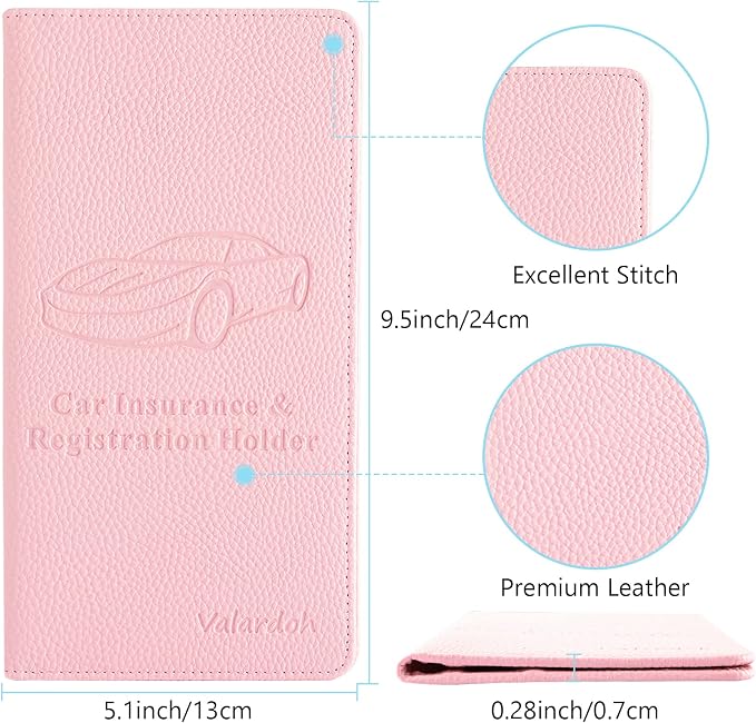 Valardoh Premium Car Registration and Insurance Card Holder, Car Document Holder for Cards, Driver License & other Essential Documents (Pink)