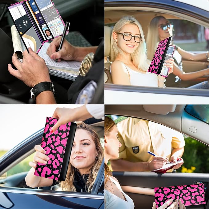 Car Registration and Insurance Holder with Magnetic Closure, Universal Document Organizer for License, Insurance Cards & Glove Box Storage (Leopard-Glitter Hot Pink)