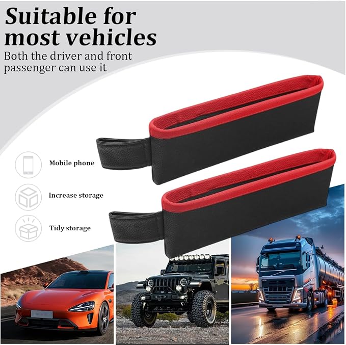 2PCS Car Seat Gap Filler Organizer, Leather Seat Gap Catcher Holder Pocket for Phones Keys Glasses, Auto Center Console Side Crevice Stopper Storage Box, Universal for Vehicles (Black/Red)