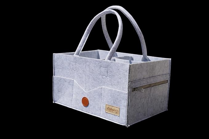 Baby Diaper Caddy Organizer, Portable Felt Nursery Storage Basket with Handles and Removable Dividers, Gray