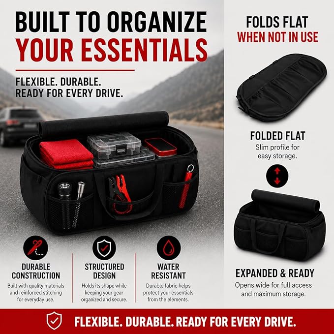 SR1 Performance USA Chevrolet Trunk Organizer - Expandable Pop Up Collapsible Cargo Storage Caddy for Chevy Cars, Trucks & SUVs - Black with Bowtie Logo