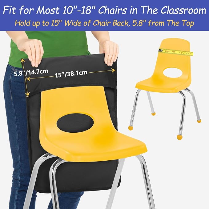 GRAOSO 15” x 20” Chair Pocket For Classroom, 1 Piece Seat Sack, Chairback Buddy Organizer Pocket for School, Kindergarten with Name Tag, Mesh Pockets, Binder Pages Storage (Black)