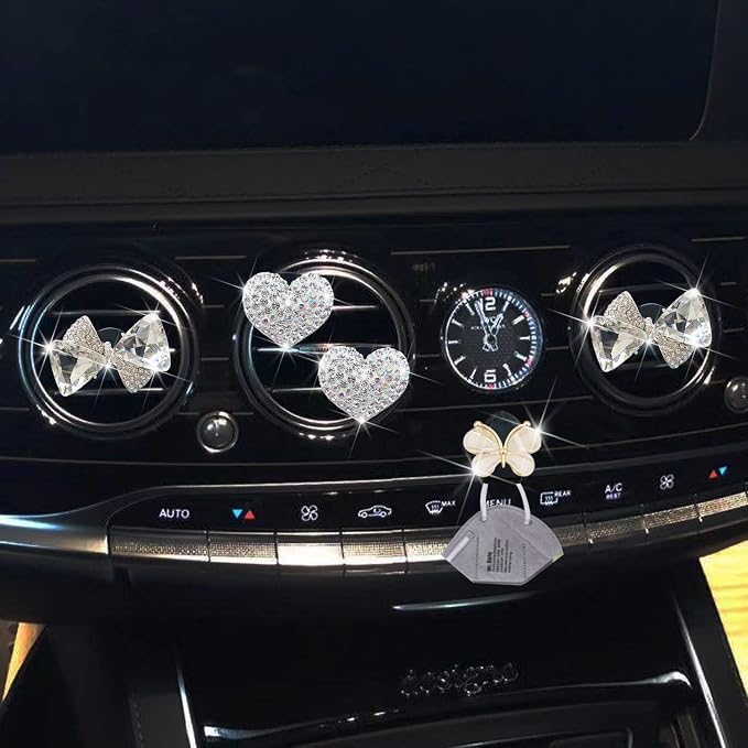 Bling Heart & Bow Diamond Heart Car Air Fresheners & Diffuser, 4 Pcs - Fun Car Vent Clips With Cute Butterfly Mask Hook