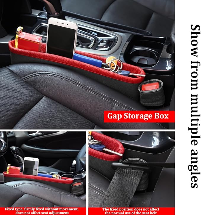 2PCS Car Seat Gap Filler Organizer, Leather Seat Gap Catcher Holder Pocket for Phones Keys Glasses, Auto Center Console Side Crevice Stopper Storage Box, Universal for Vehicles (Black/Red)