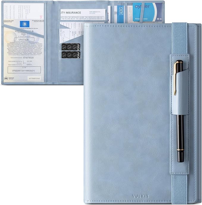 VULKIT Car Registration and Insurance Card Holder Vehicle Glove Box Organizer Leather Tri-fold Design for Car Keys, ID Holder, Essential Documents Blue