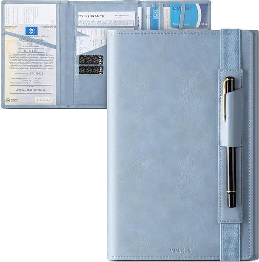 VULKIT Car Registration and Insurance Card Holder Vehicle Glove Box Organizer Leather Tri-fold Design for Car Keys, ID Holder, Essential Documents Blue