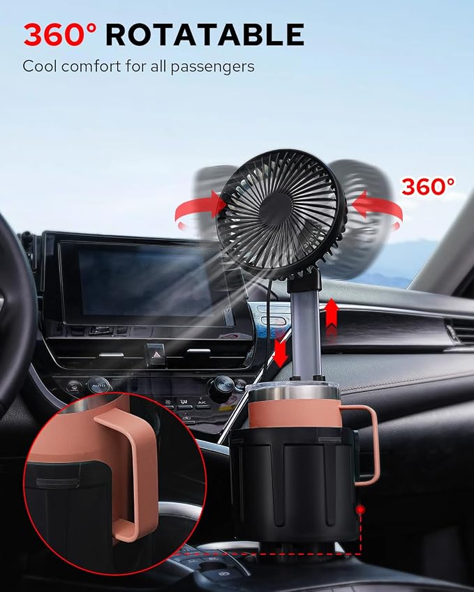 Benlari USB Car Fan with Cup Holder - Upgraded 2 in 1 Cup Fan Holder with 3 Powerful Speed Cooling Wind - Adjustable Extended Bracket Cup Holder for Vehicle Van Truck SUV RV