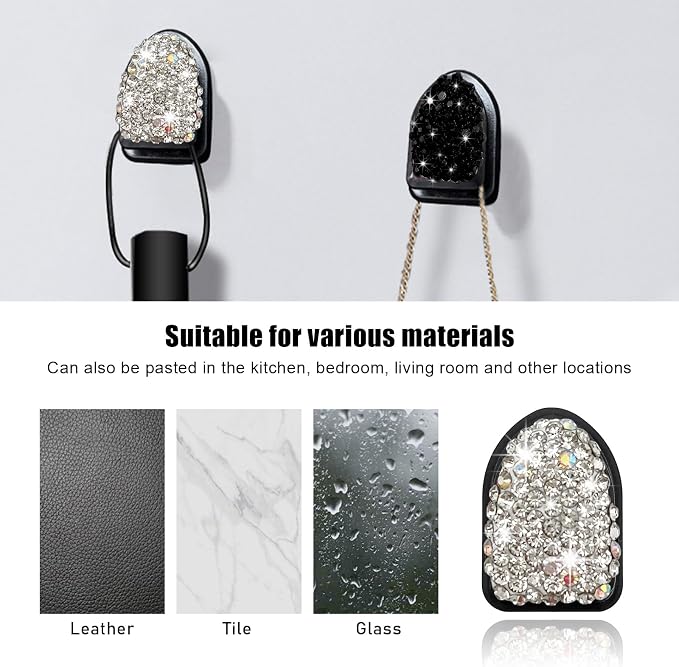 Yourkar 4PCS Bling Car Mini Hooks, Multifunctional Adhesive Small Auto Storage Hook for Key Cable Mask, Crystal Rhinestone Dashboard Hanging Hook, Interior Decor Car Accessories (Black+White)
