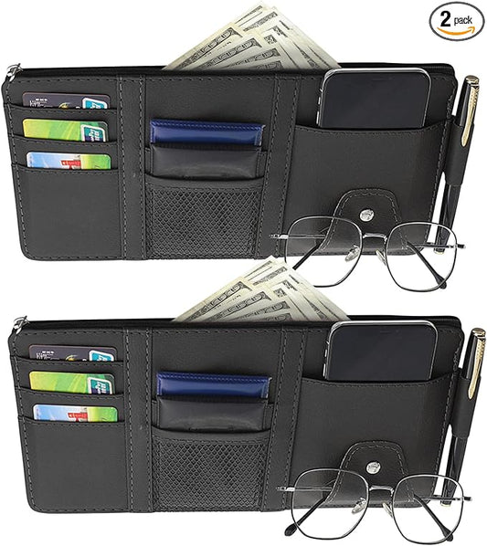 2 Packs Car Sun Visor Multi-Pocket Organizer for SUV & Truck, Auto Visor Storage Pouch with Big Zipper Pocket, Card Sleeve, Driving License, Insurance, Sunglasses, Pen, Key, Lipstick