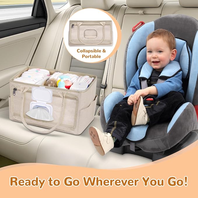 Volnamal Diaper Caddy with Wipe Dispenser One-Handed Access, Premium Diaper Organizer, Portable Car Organizer Nursery Basket for Newborn Essentials, Baby Registry Must Haves for Boys & Girls, Beige