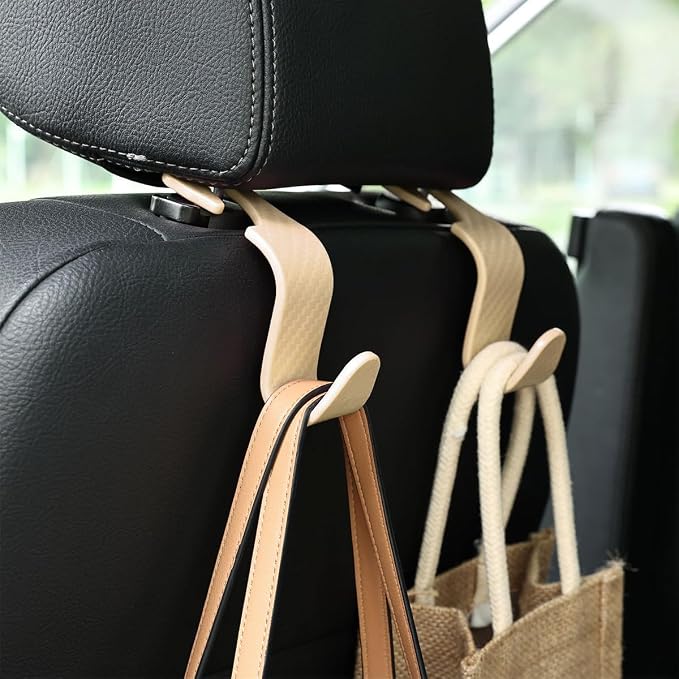 4PCS Car Seat Headrest Hooks, Auto Back Seat Hanger Holder, Durable Stylish Vehicle Organizer Universal Car Interior Accessories, Storage Hooks for Purses, Bags, Clothes (Carbon Fiber/Beige)