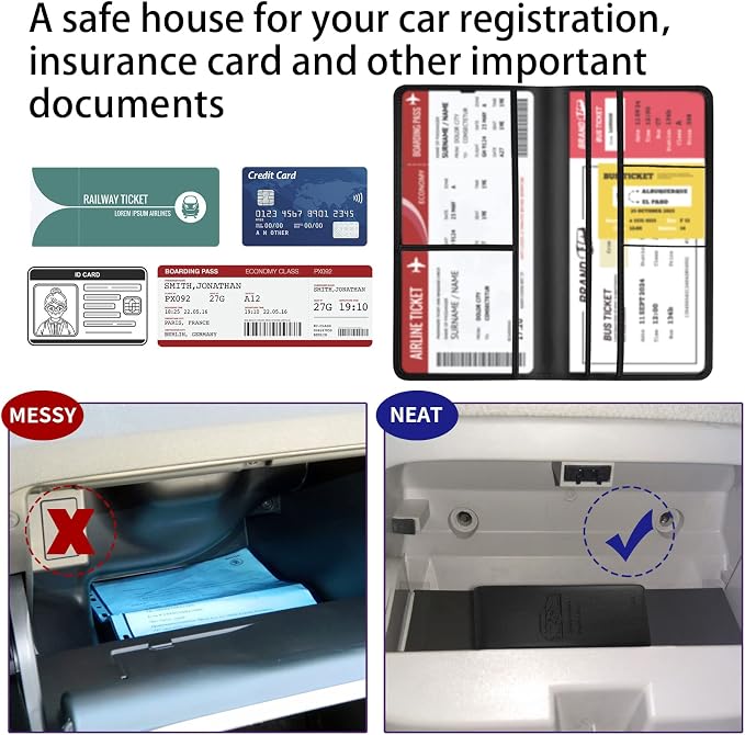 Car Registration and Insurance Card Holder - Leather Vehicle Glove Box Automobile Documents Paperwork Wallet Case Organizer for ID, Driver's License, Key Contact Information Cards