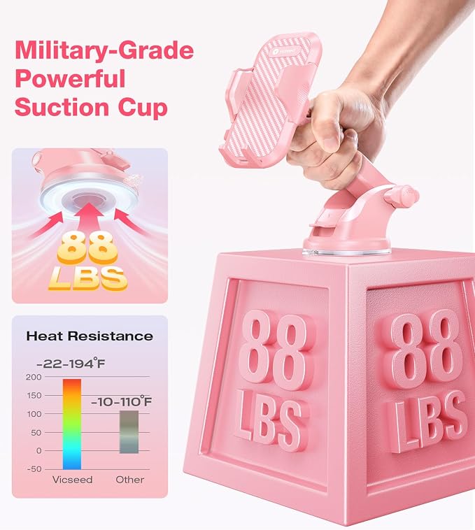 VICSEED Pink Phone Holder for Your Car [Sturdy & Durable] [Powerful Suction] Dashboard Windshield Air Vent Car Phone Holder Hands Free Phone Mount for Car for iPhone Android, Pink Car Accessories