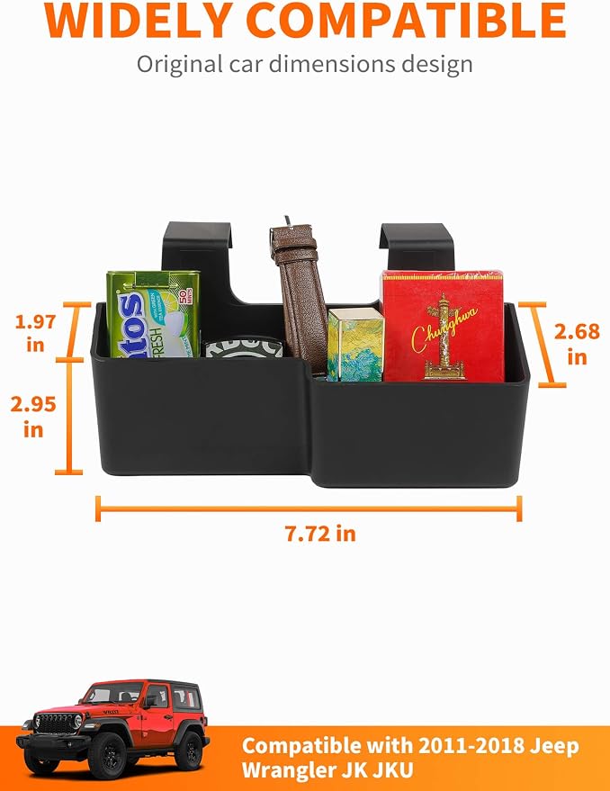 Savadicar JK Center Console Hanging Storage Box, Armrest Organizer Tray for 2011-2018 Jeep Wrangler JK JKU 2/4 Door, Interior Accessories, Patented Design, Black, 1 PCs