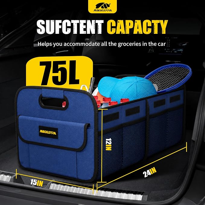 MIKKUPPA Car Trunk Organizer - 75L Collapsible Trunk Organizer for Groceries, Trunk Storage Organizers for SUV Auto Truck Van with Non Slip Bottom (Blue)