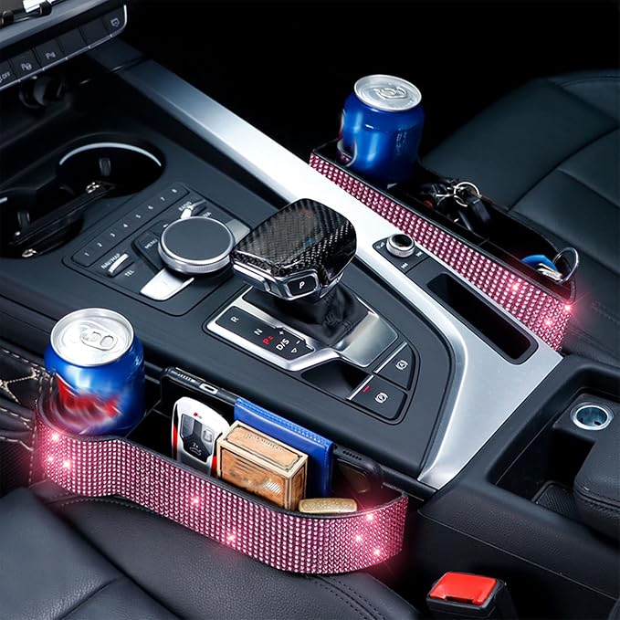 Bling Bling Car Seat Organizer Front Seat Gap Filler with Crystal Rhinestones Diamond, PU Leather Car Seat Console Storage Organizer for Car Accessories (2 Pack Pink)