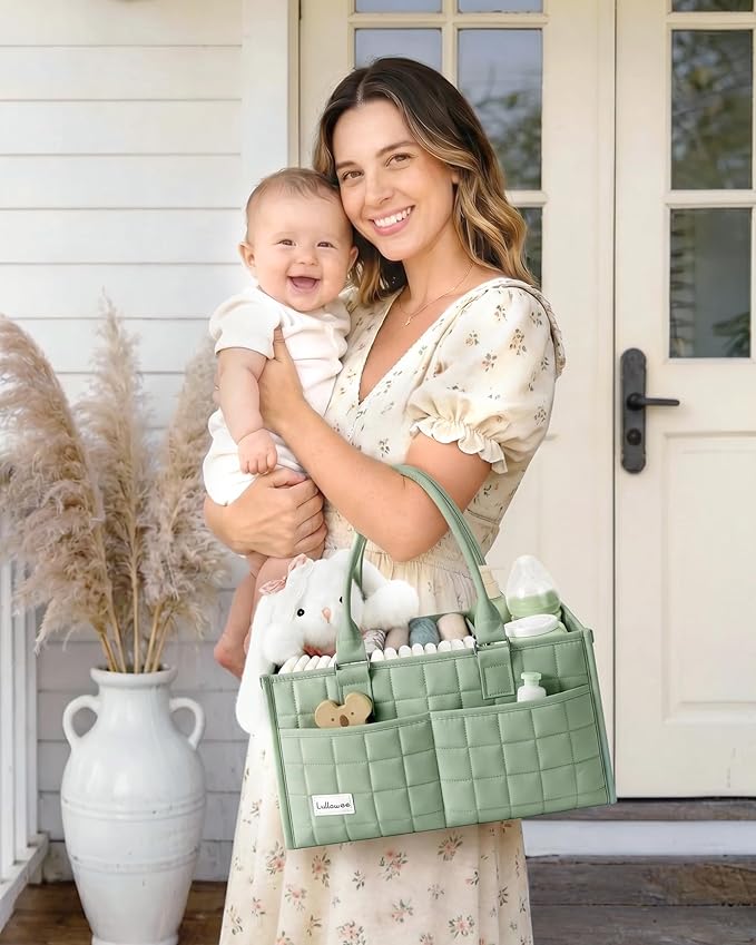 Baby Diaper Caddy Organizer, Portable Nursery Storage Basket with Handle for Newborn Boy or Girl, Gift for Baby Shower Essentials, Registry Must Have Bag, Caddie Car Organizer, Light Green