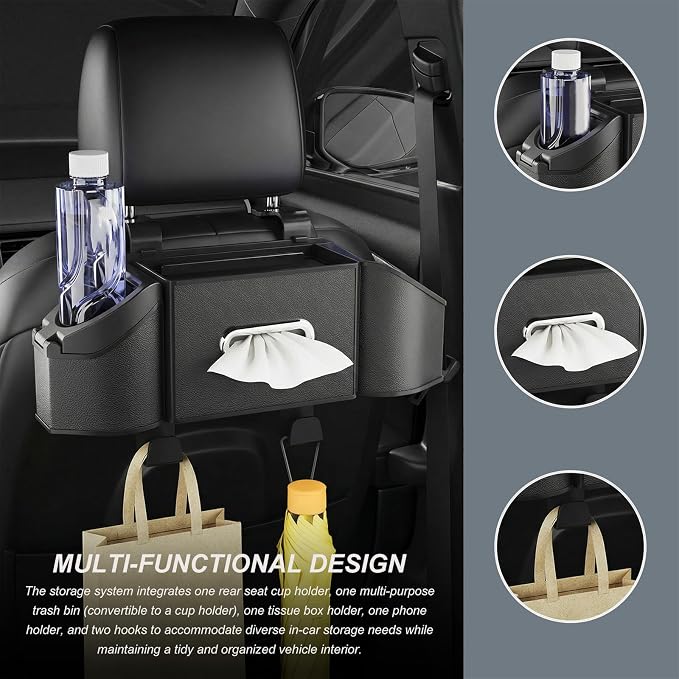 Car Backseat Organizer, 7-in-1 Auto Seat Back Drink Cup Holder Organizer with Tissue Box & Hooks, Multifunctional Vehicle Headrest Storage Box for Hold Phone Snacks Drinks (Black)