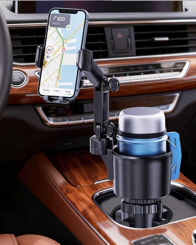 Cup Phone Holder for Car, 2 in 1 Universal Cup Holder Expander with Adjustable Base & Removable Long Arm, 360° Rotation Phone Mount for Car & Truck - Compatible with All Smartphones