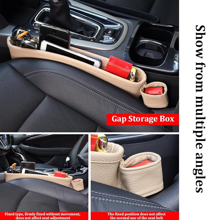 2PCS Car Seat Gap Filler Organizer, Leather Seat Gap Catcher Holder Pocket for Phones Keys Glasses, Auto Center Console Side Crevice Stopper Storage Box, Universal for Vehicles (Beige)