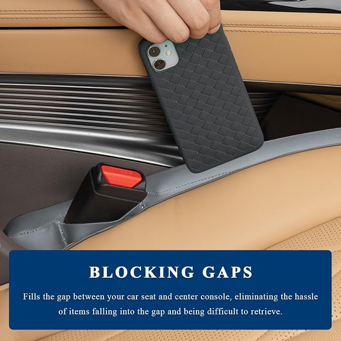 2 PCS Leather Car Seat Gap Filler, No Drop Auto Gap Seam Filler Slide Free Pad with Securing Strap, Seat Crevice Plug Drop Blocker Between Seats & Consoles for SUV Truck Sedan (Light Gray)