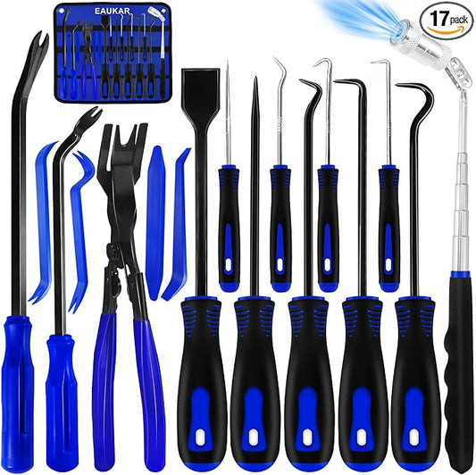 17Pcs Hook and Pick Tool Set with Scraper Auto Clip Removal Plier Fastener Remover Rivets Puller Mechanic Car Trim Removal Tool Kit Gasket Telescoping Magnetic Pickup Hand Automotive Tools(Blue)